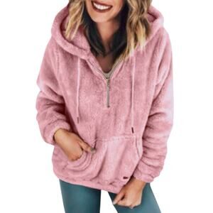 Old Navy Women's Pink Plush Sherpa Faux-Fur 1/2-Zip Hoodie SZ M Kangaroo Pocket